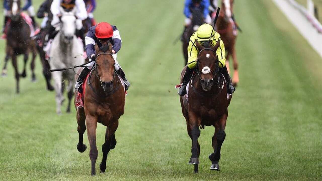 Kerrin McEvoy (left) rides Almandin to victory ahead of Heartbreak City ridden by Joao Moreira in the Melbourne Cup at Flemington Racecourse in Melbourne, Tuesday. Nov. 1, 2016. (AAP Image/Julian Smith) NO ARCHIVING, EDITORIAL USE ONLY