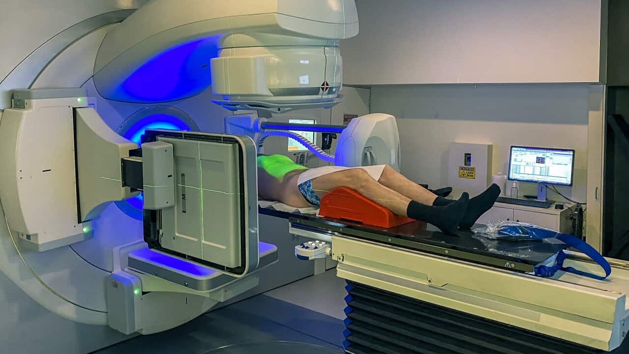 Senior adult male undergoing radiotherapy for prostate cancer: