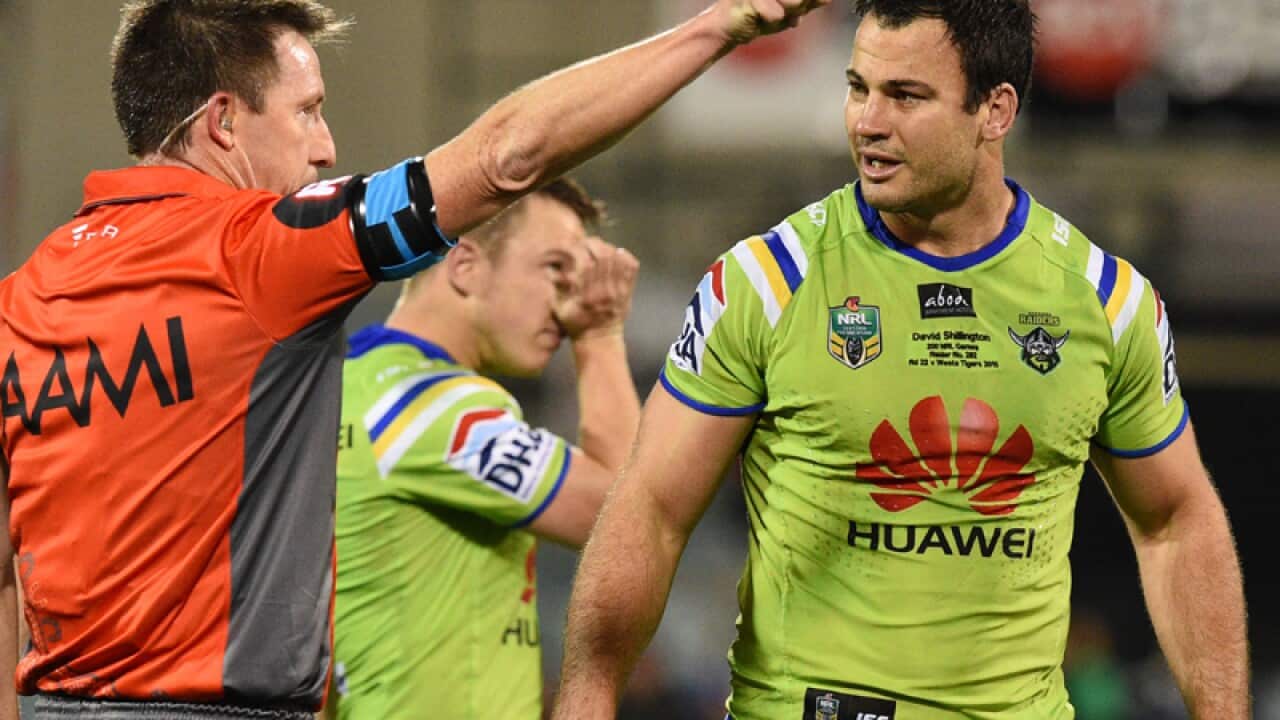 Raiders forward David Shillington is sent off.