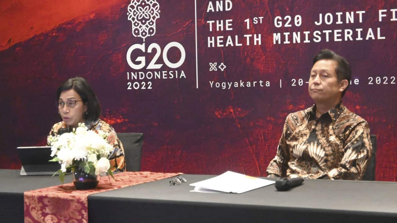 Indonesian Finance Minister Sri Mulyani (L) speaks at a press conference in Yogyakarta after health and finance ministers of the Group of 20 major economies held talks