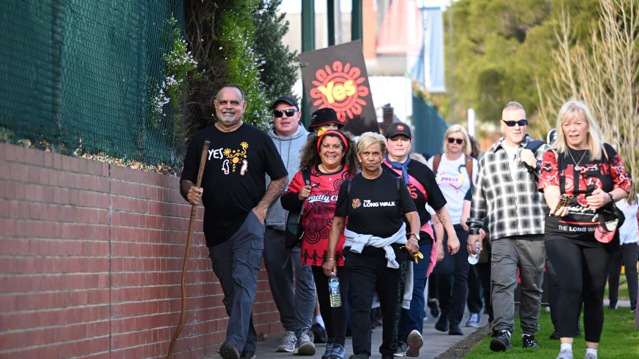 Michael Long (left) and supporters start the journey to Canberra from the Windy Hill Oval in Melbourne. The annual event this year is also being done to raise awareness of the Indigenous Voice to Parliament
