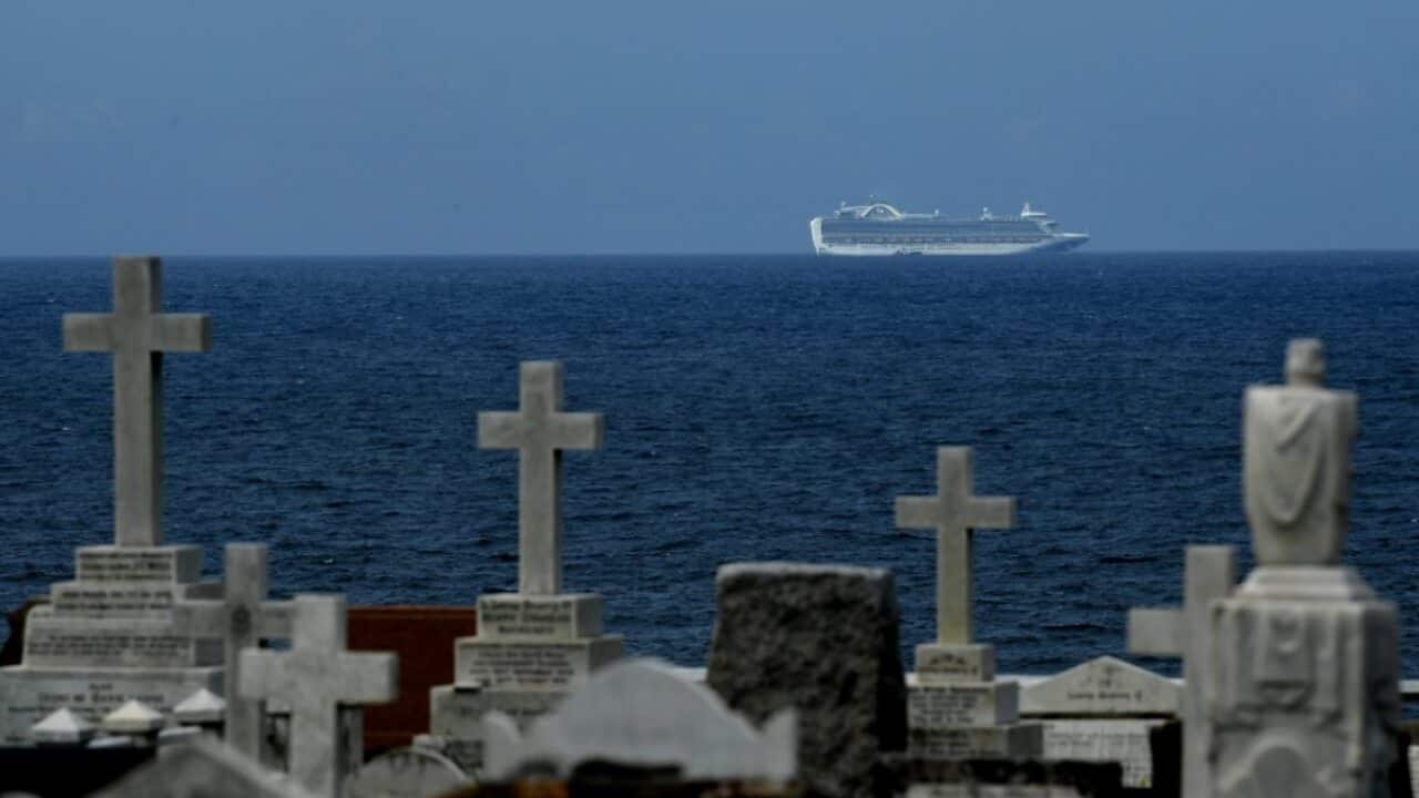 The Ruby Princess cruise ship sits off the coast of Sydney, Wednesday, April 1, 2020