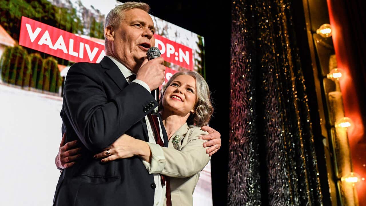 Social Democratic Party leader Antti Rinne and his wife Heta Ravolainen-Rinne celebrate winning the election.