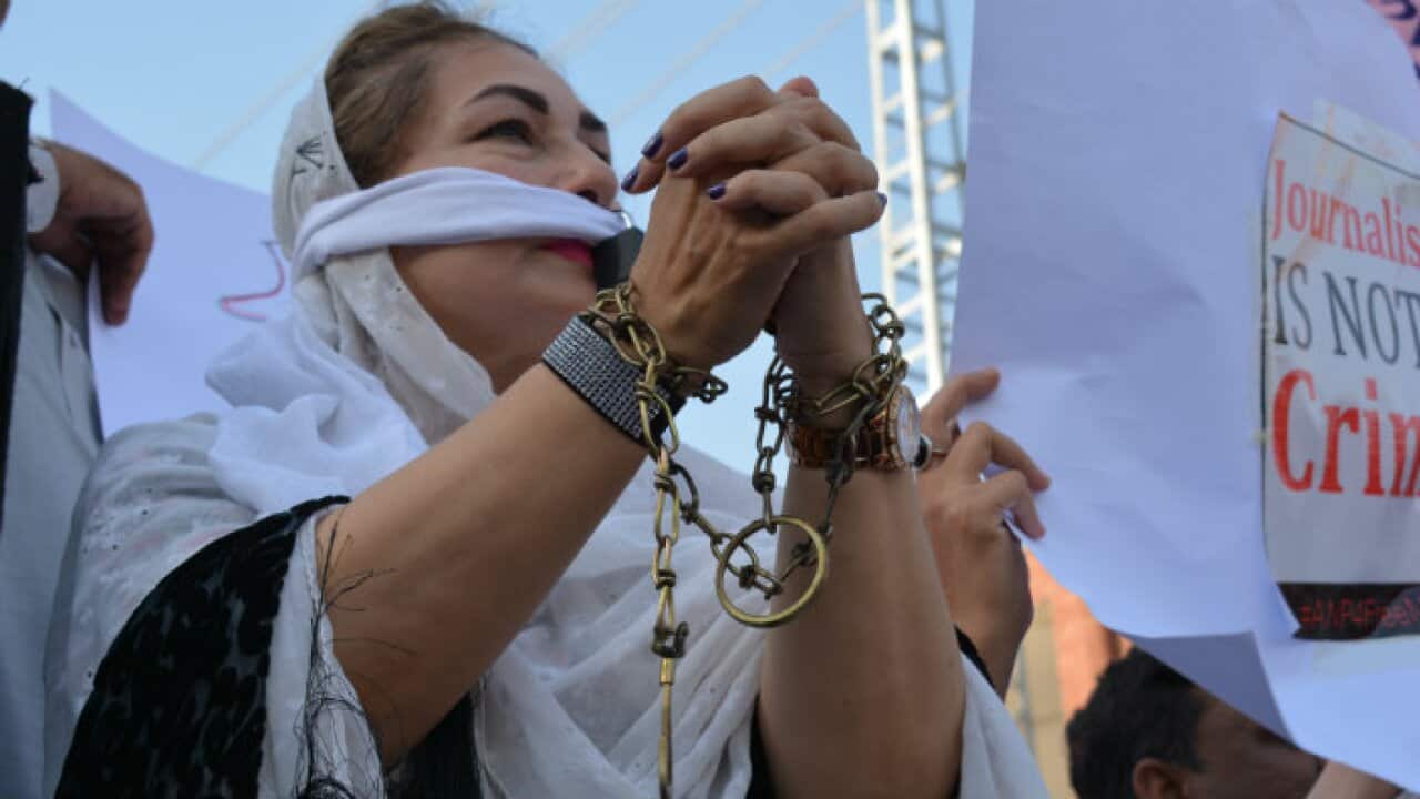 Journalists protest for their rights in Peshawar, Pakistan.
