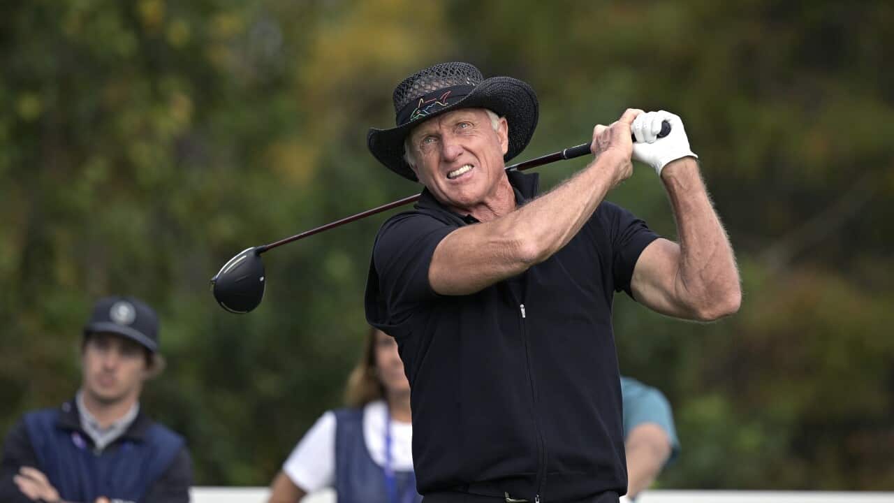 Greg Norman, of Australia, tees off on the first hole during the final round of the PNC Championship golf tournament, Sunday, Dec. 20, 2020, in Orlando, Fla. (AP Photo/Phelan M. Ebenhack)