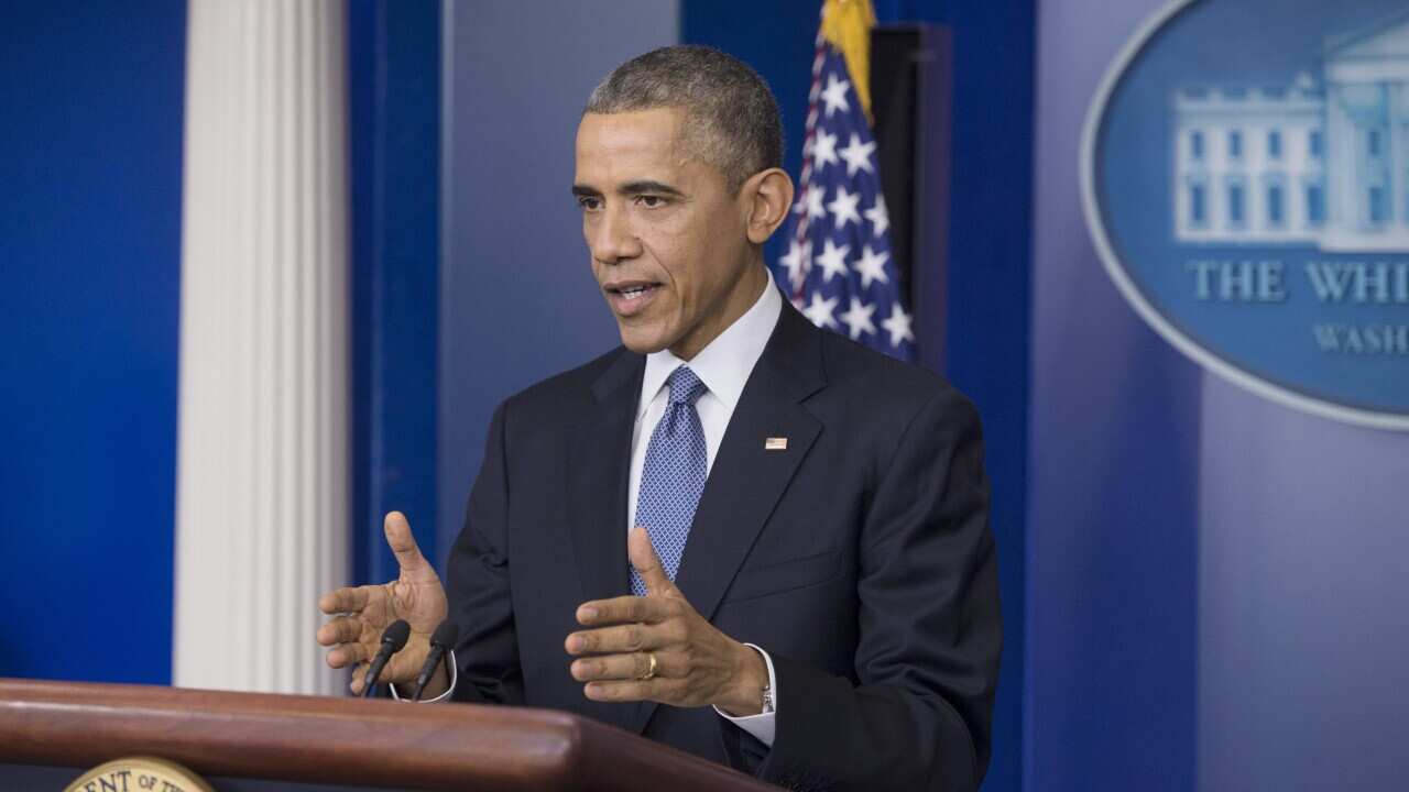 US President Barack Obama discusses North Korea and cyber security, Cuba policy, the US economy and challenges the nation faced during the year, White House, Washington DC, 19 Dec 2014. (EPA/MICHAEL REYNOLDS)