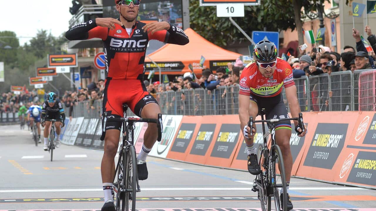 Greg van Avermaet out-sprinted Peter Sagan in Stage 6 of the Tirreno-Adriatico