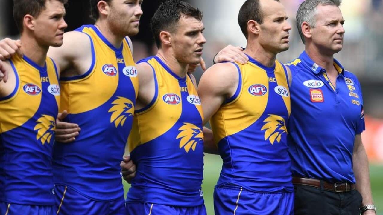 West Coast Eagles coach Adam Simpson (R)
