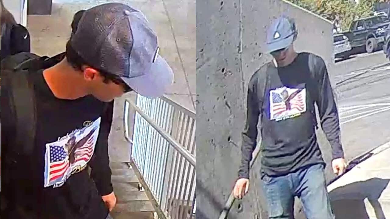 Two security camera images of a man wearing a dark cap, sunglasses, and a shirt with the US flag on it.