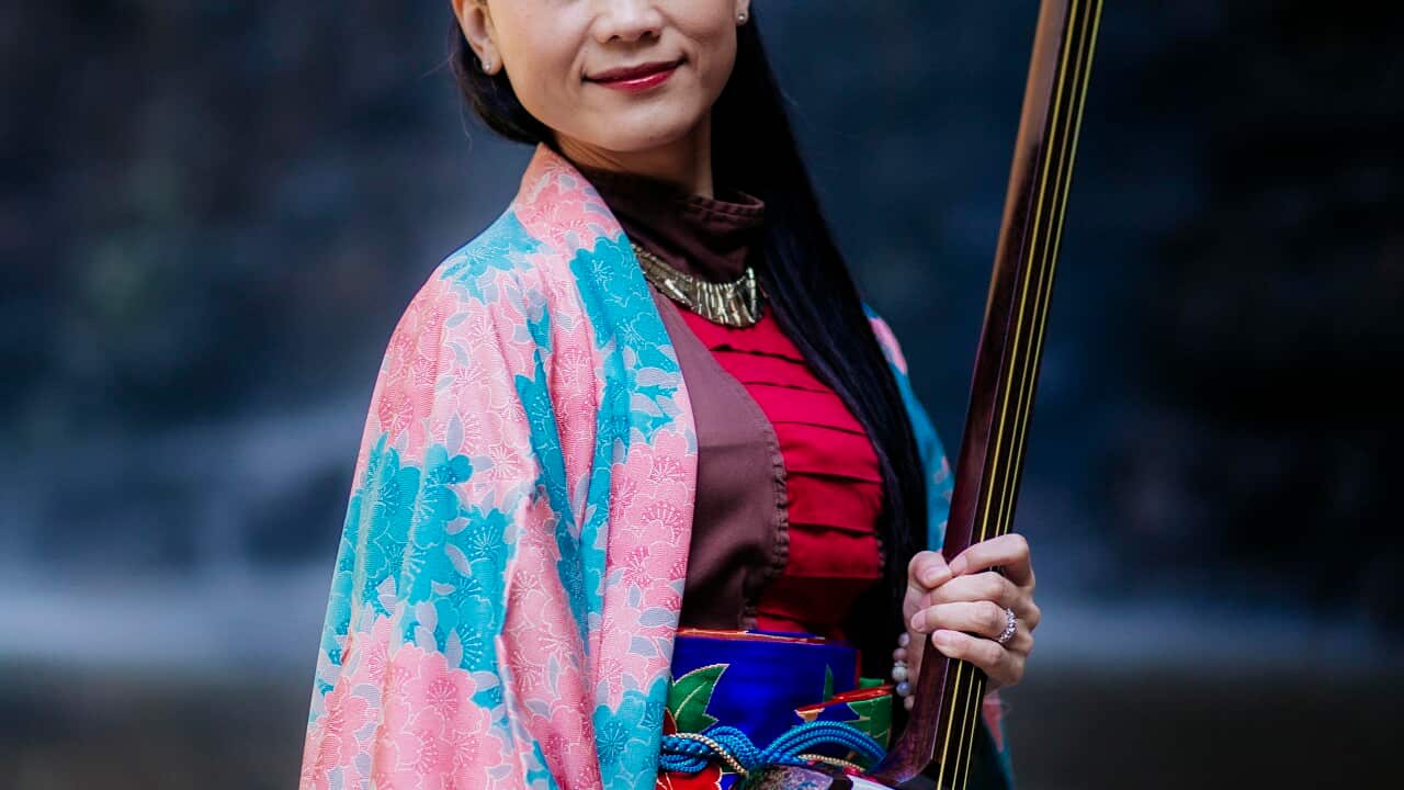 Adelaide-based Japanese shamisen artist Noriko Tadano.  Shamisen is a three stringed traditional instrument in Japan.  