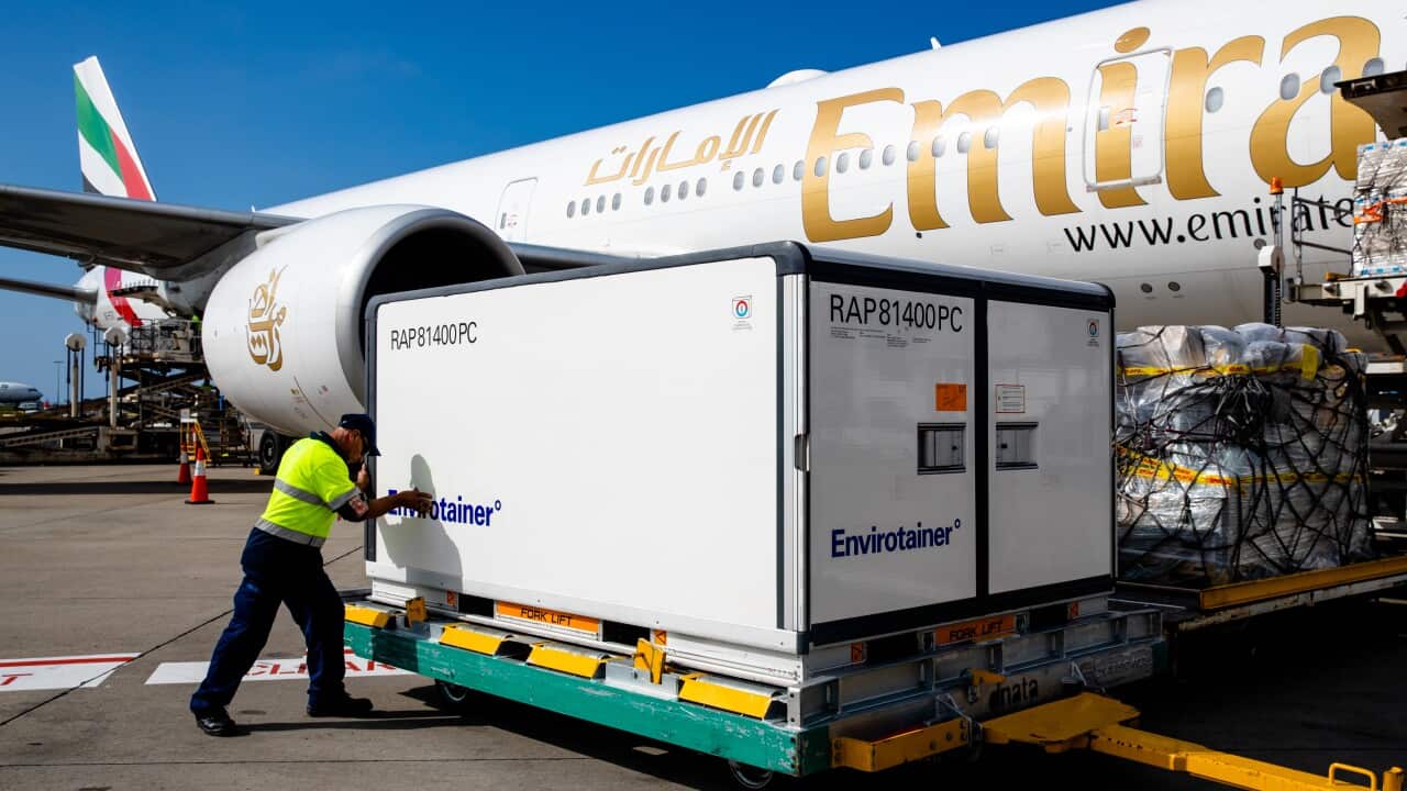 The first Australian shipment of AstraZeneca COVID-19 vaccines is seen after landing at Sydney International Airport.