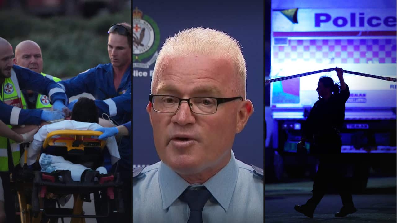 A composite image showing paramedics treating a patient, a senior police spokesperson speaking at a press conference, and a police officer standing behind crime-scene tape at night.