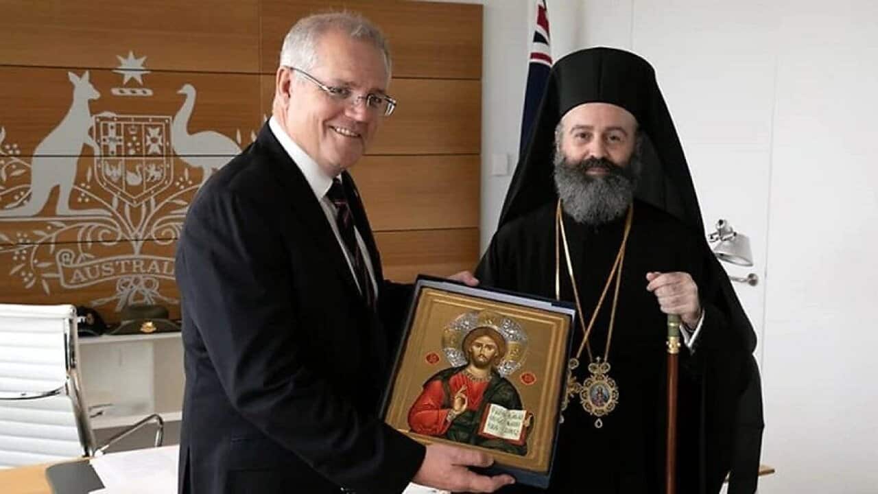 Prime Minister Scott Morrison with Archbishop Mr Makarios