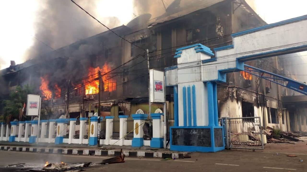 Government building burn during the protest in Manokwari, West Papua.