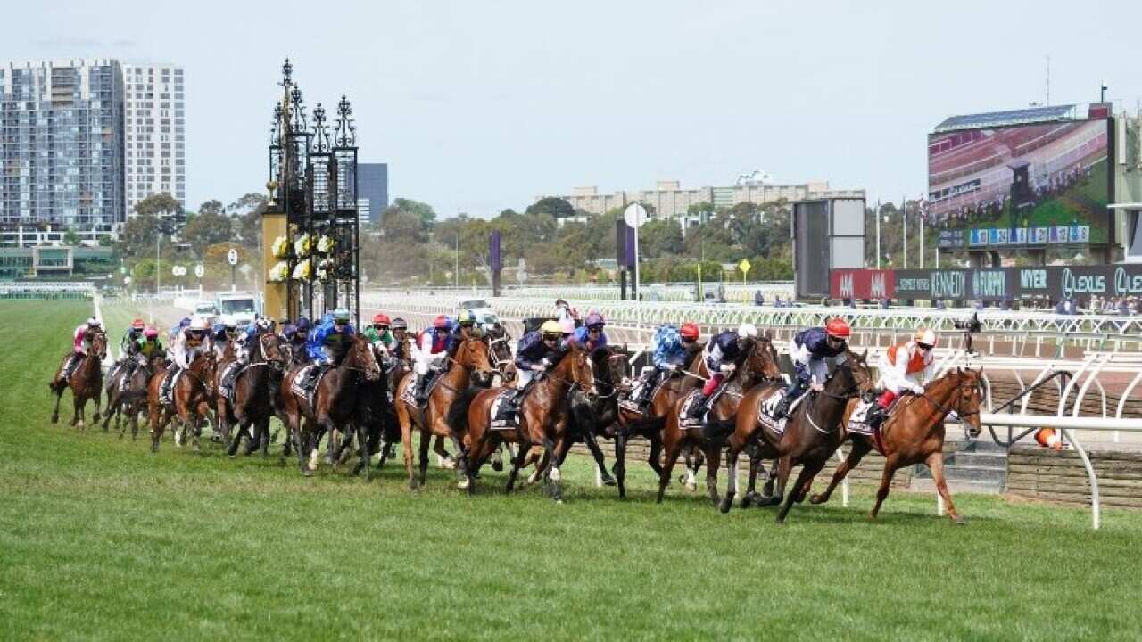 The action of race seven at the Melbourne Cup 2019 (AAP).