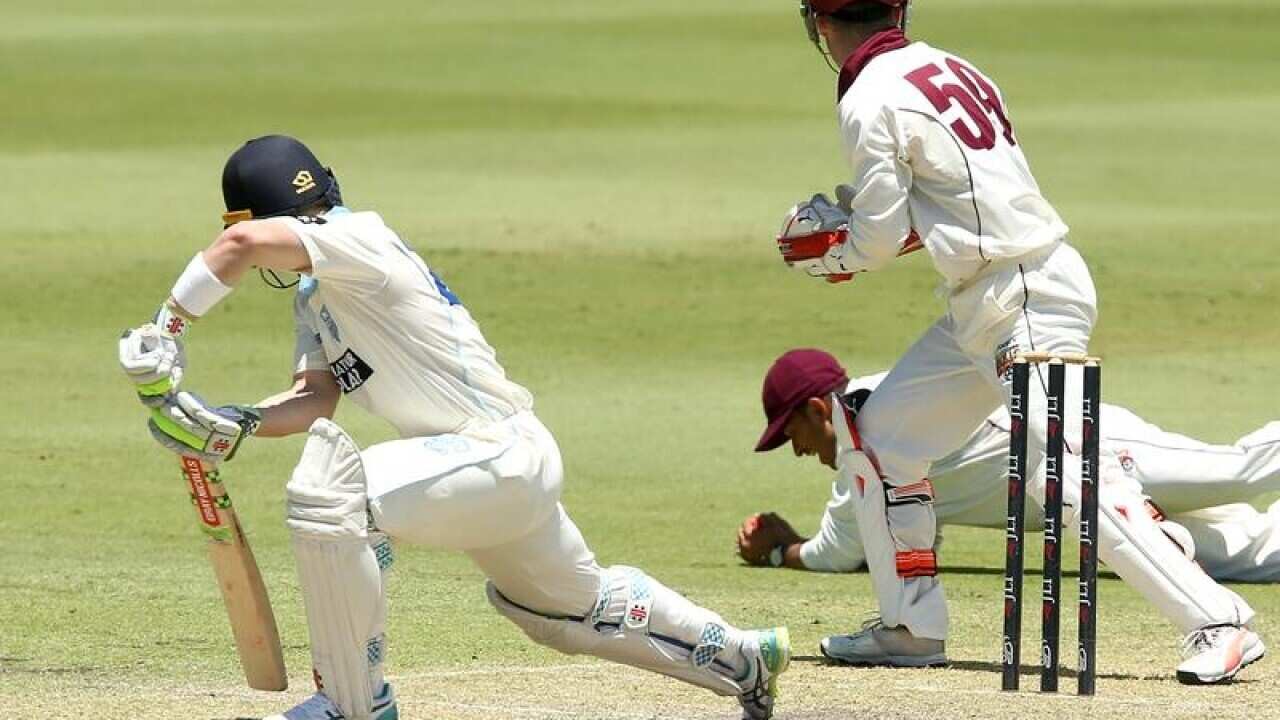 Queensland's Usman Khawaja takes a catch to dismiss NSW's Peter Nevill