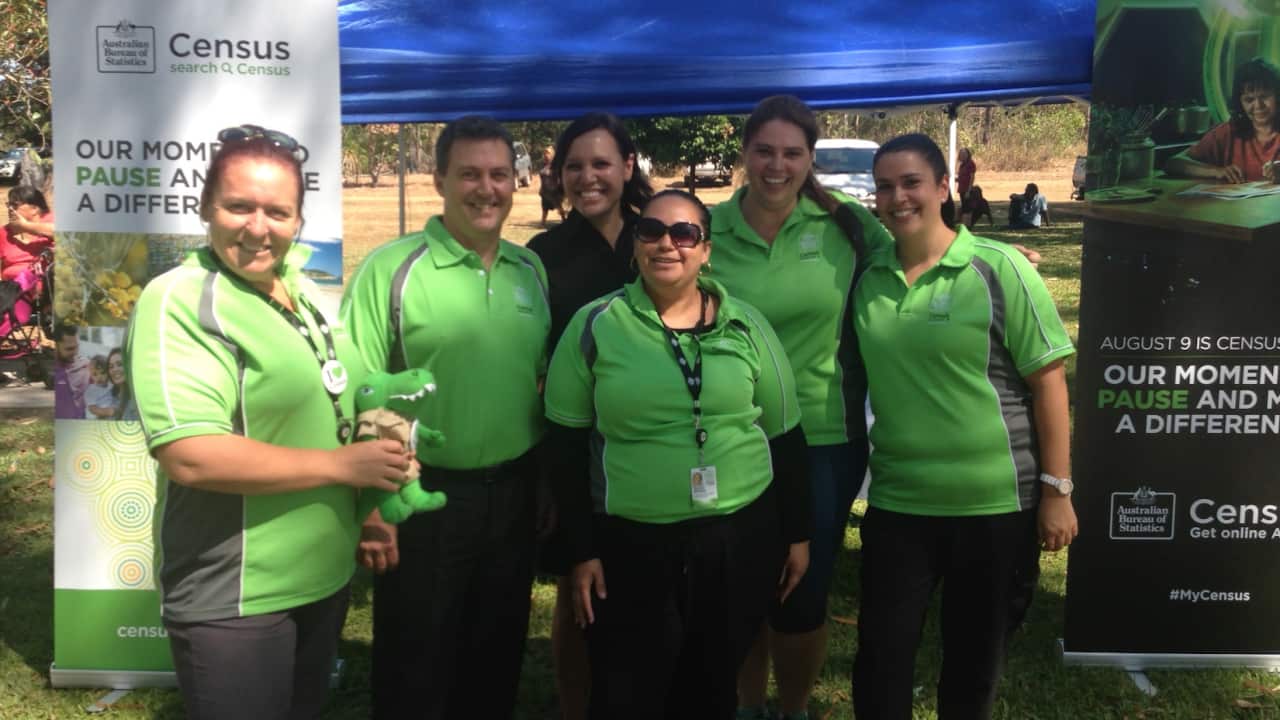 Members of the ABS remote Census team with NITV Presenter Natalie Ahmat (centre) at a NAIDOC event in Palmerston in the NT.