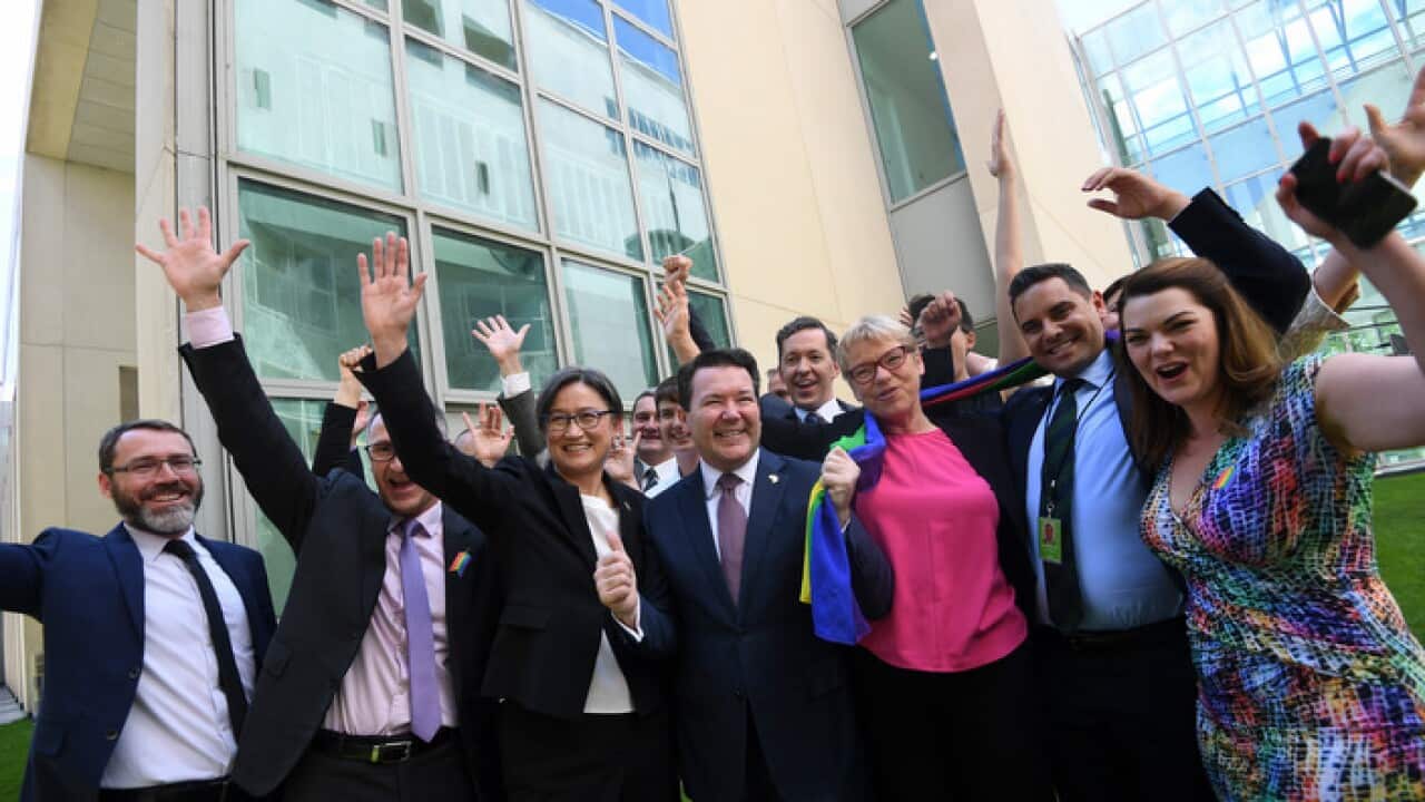 Coalition Senator Dean Smith (centre), Leader of the Opposition in the Senate Penny Wong, Australian Greens Senator Janet Rice, along with other Senators.