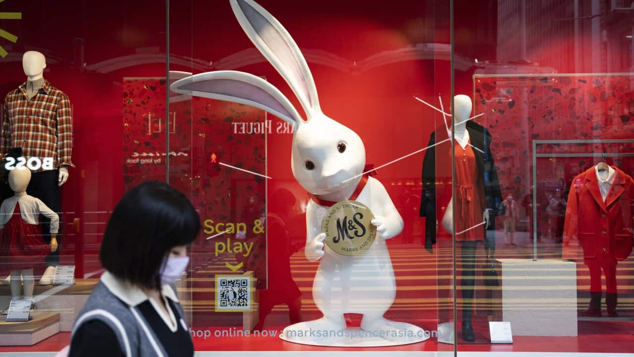 A woman walks past a rabbit in a shop window in central Hong Kong