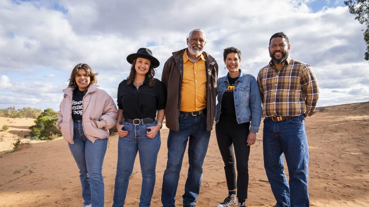 NITV and SBS. Going Places with Ernie Dingo. L-R Bianca Hunt, Rae Johnston, Ernie Dingo, Narelda Jacobs, Aaron Fa'Aoso. Photo credit Mark Rogers.jpg