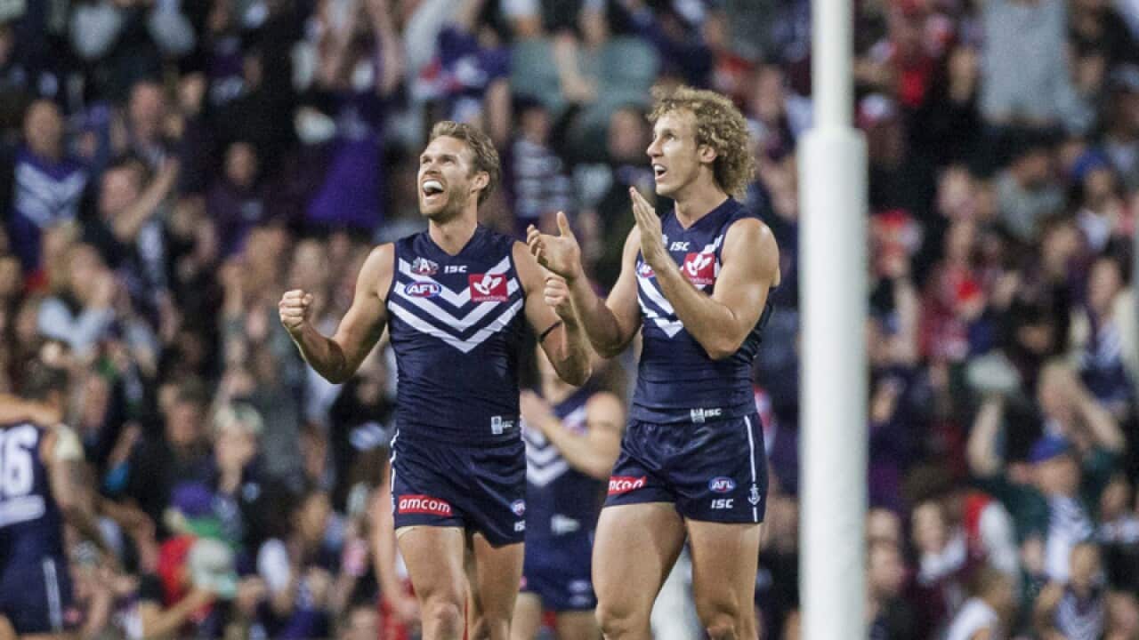 Paul Duffield and Chris Mayne of the Fremantle Dockers.
