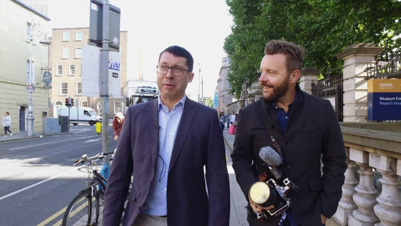 Dateline reporter Dean Cornish with independent Irish Senator Rónán Mullen.