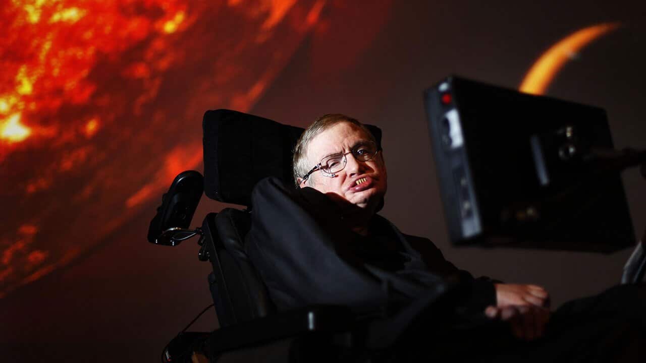  Professor Stephen Hawking, who has died aged 76, watching the first preview of his new show for the Discovery Channel, Stephen Hawking's Universe