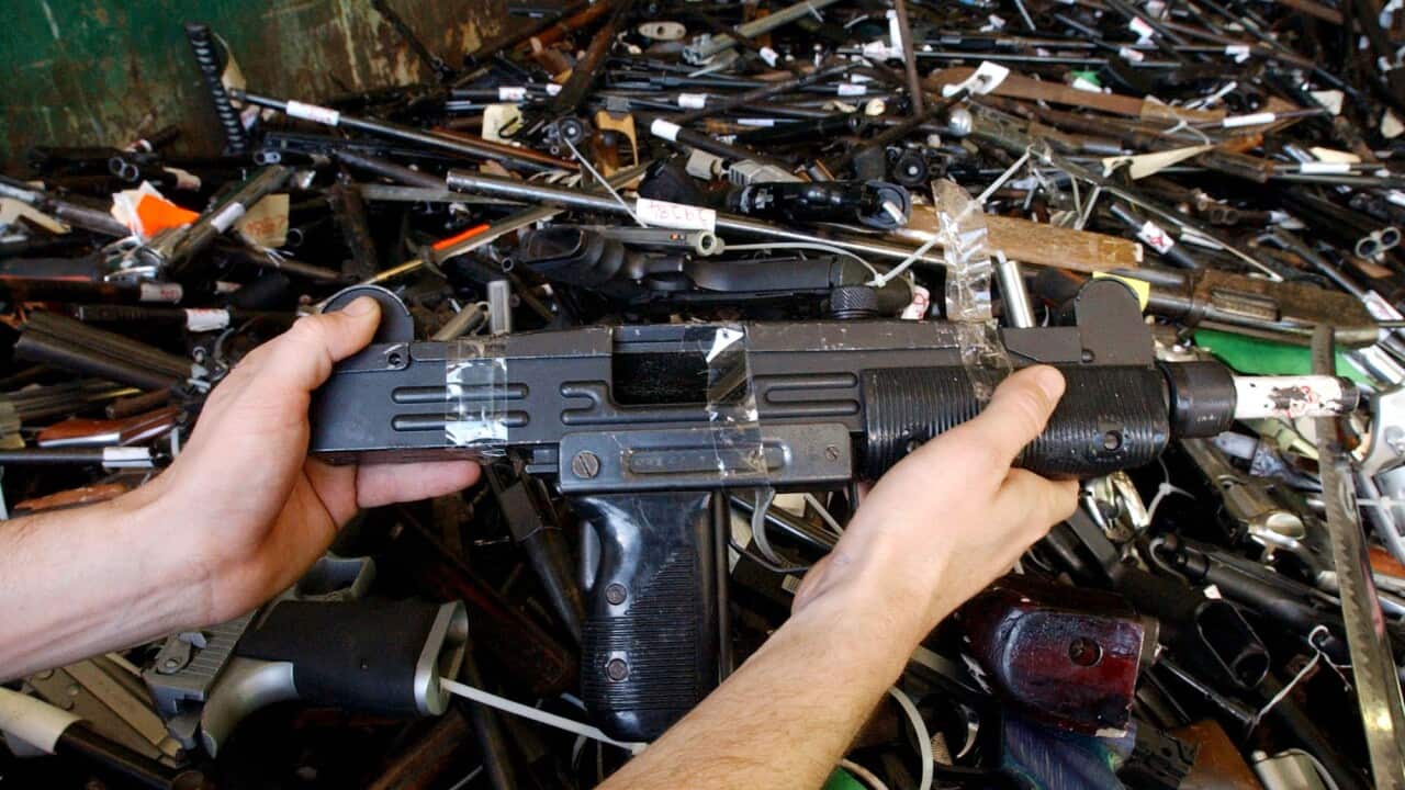 Sydney, July 20, 2004. Part of the final cache of more than 30, 000 firearms in Sydney today, seized under the NSW Firearms Amnesty and Handgun Buyback to be destroyed this week. (AAP Image/Mick Tsikas) NO ARCHIVING