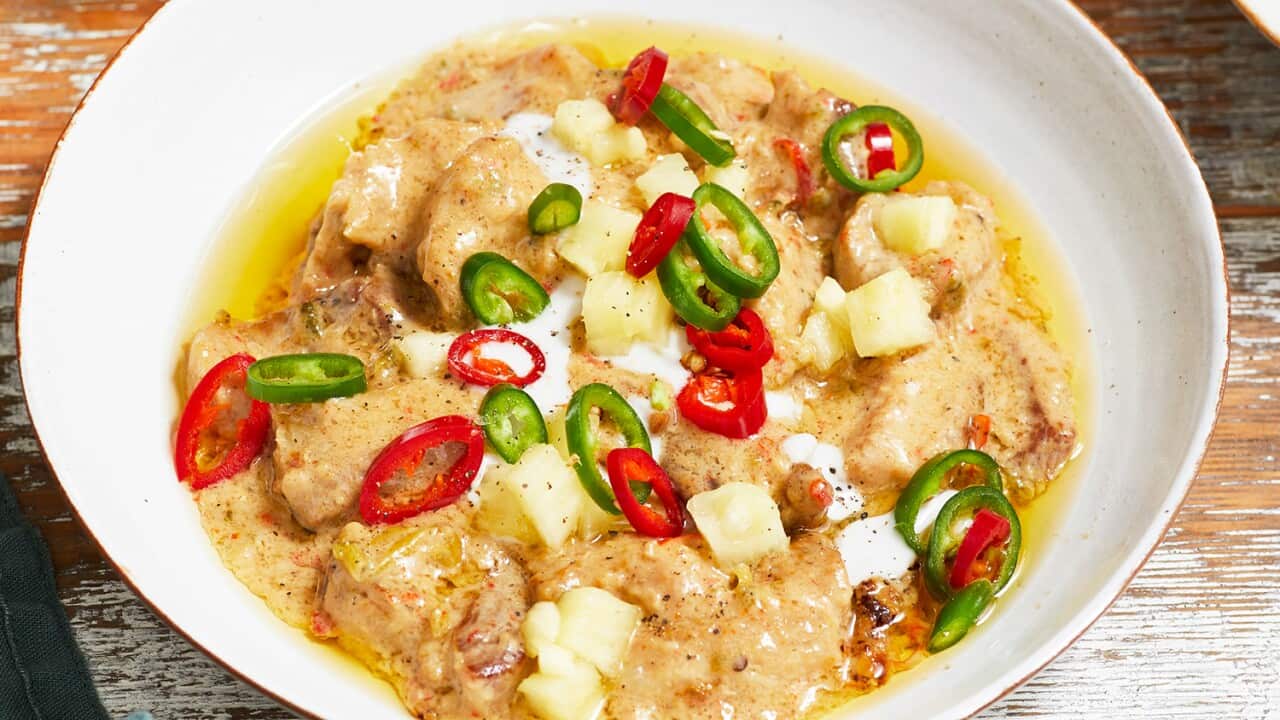 Braised pork belly with coconut, pineapple and chilli