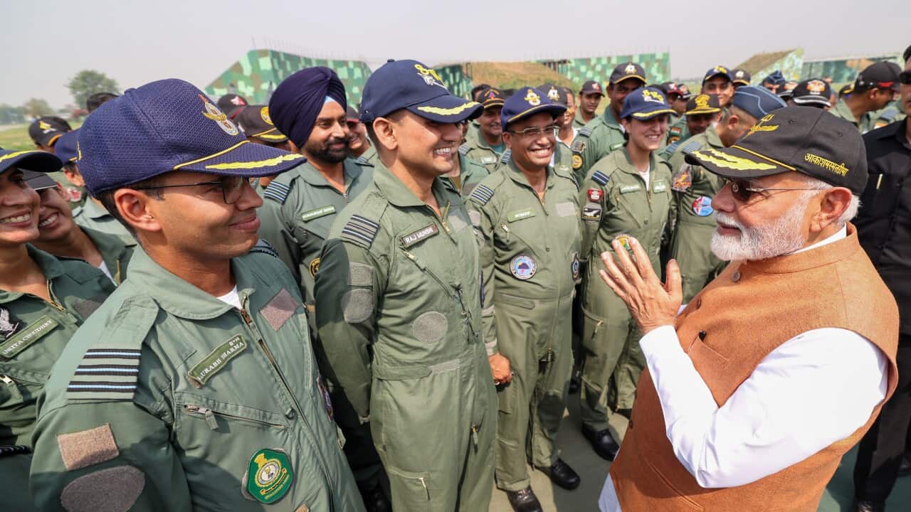 Indian Prime Minister Narendra Modi meets soldiers at Adampur Air Force base