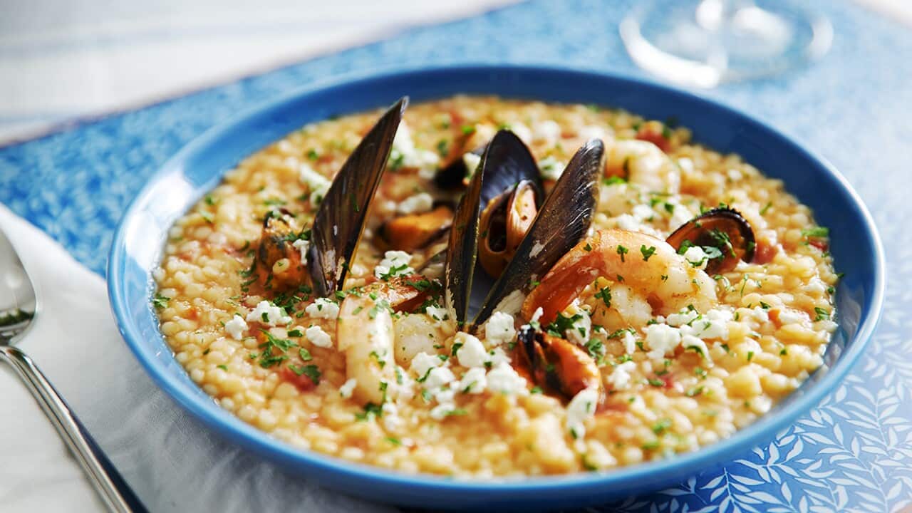 Spicy trahana soup with fresh seafood