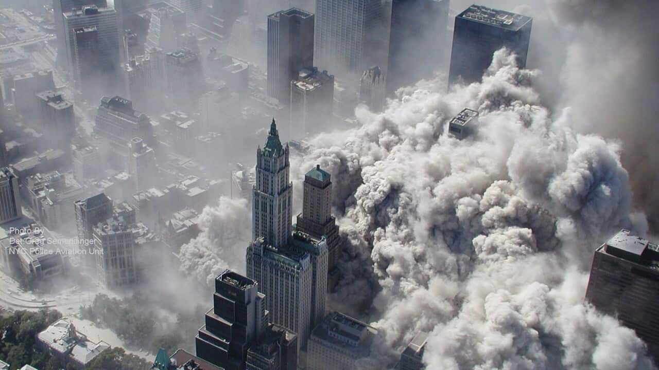 An aerial view of the terror attacks on the World Trade Center in New York