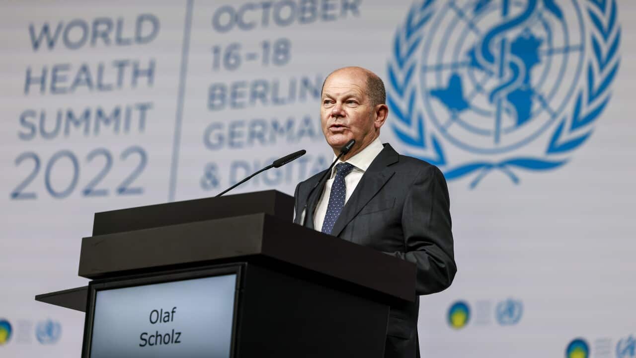 German Chancellor Olaf Scholz delivers a speech at the World Health Summit 2022 in Berlin