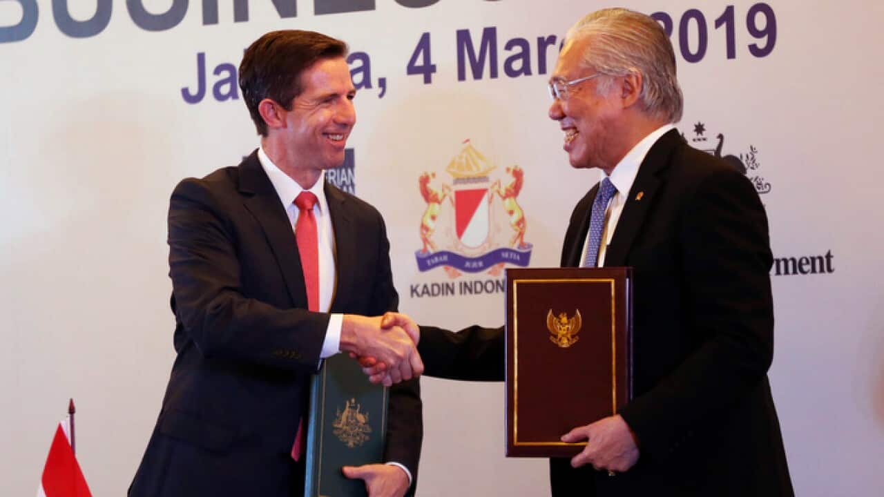 Australia Minister of Trade, Tourism and Investment Simon Birmingham and Indonesia Minister of Trade Enggartiasto Lukitashake hands