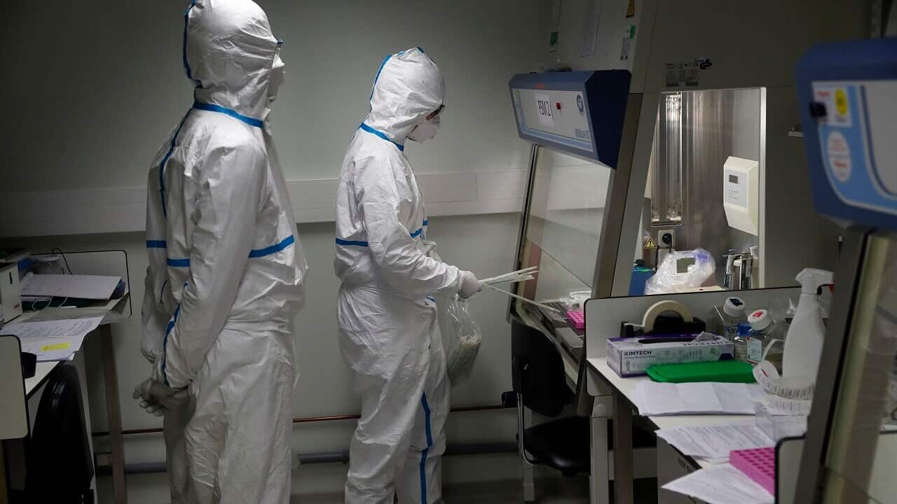 French lab scientists in hazmat gear test potentially infected patient samples in Paris.