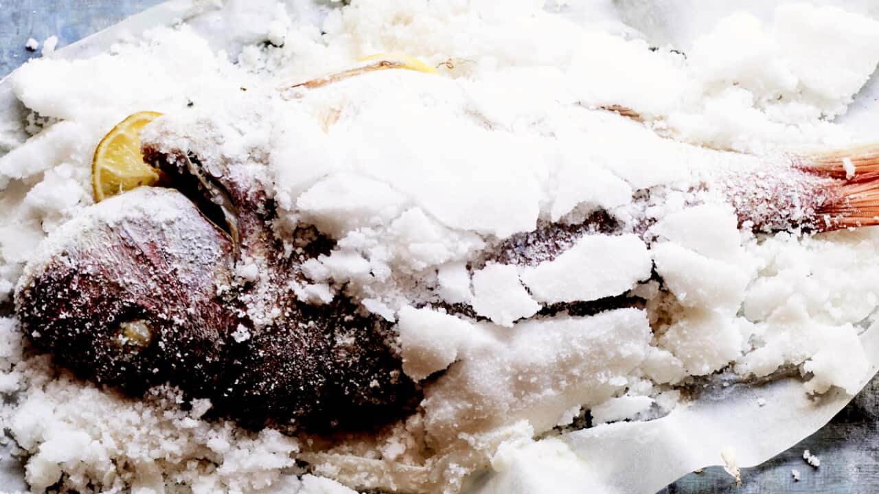 Whole snapper baked in a salt crust with saffron mayonaise