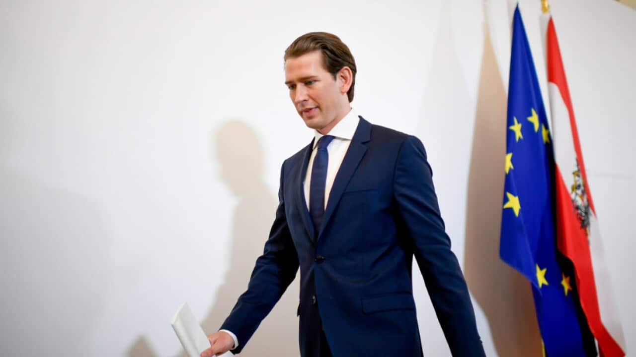 Austrian Chancellor Sebastian Kurz leaves after delivering a press statement at the federal chancellery in Vienna, Austria 20 May 2019 (AAP)
