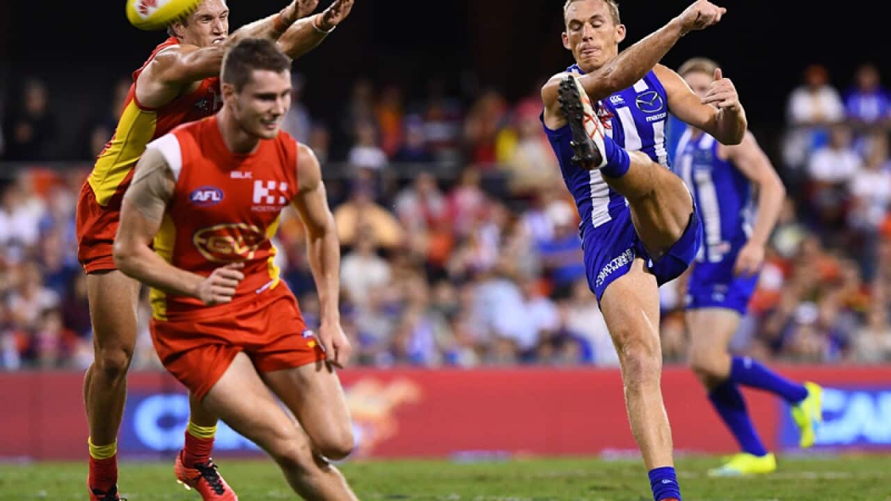 Kangaroos player Drew Petrie kicks