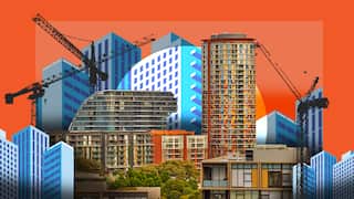 A composite image showing high rise apartments set against a bright orange background with illustrations of buildings and cranes