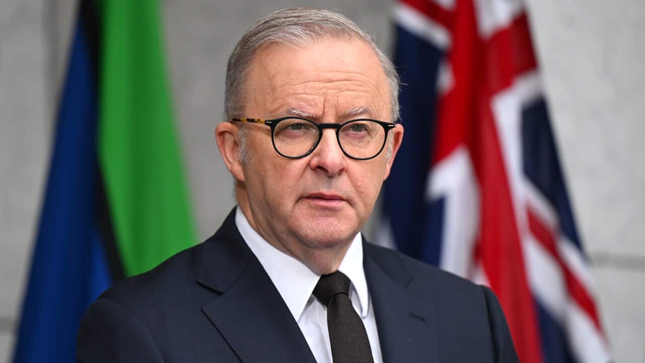 Prime Minister Anthony Albanese, wearing a suit, tie and glasses, is speaking.