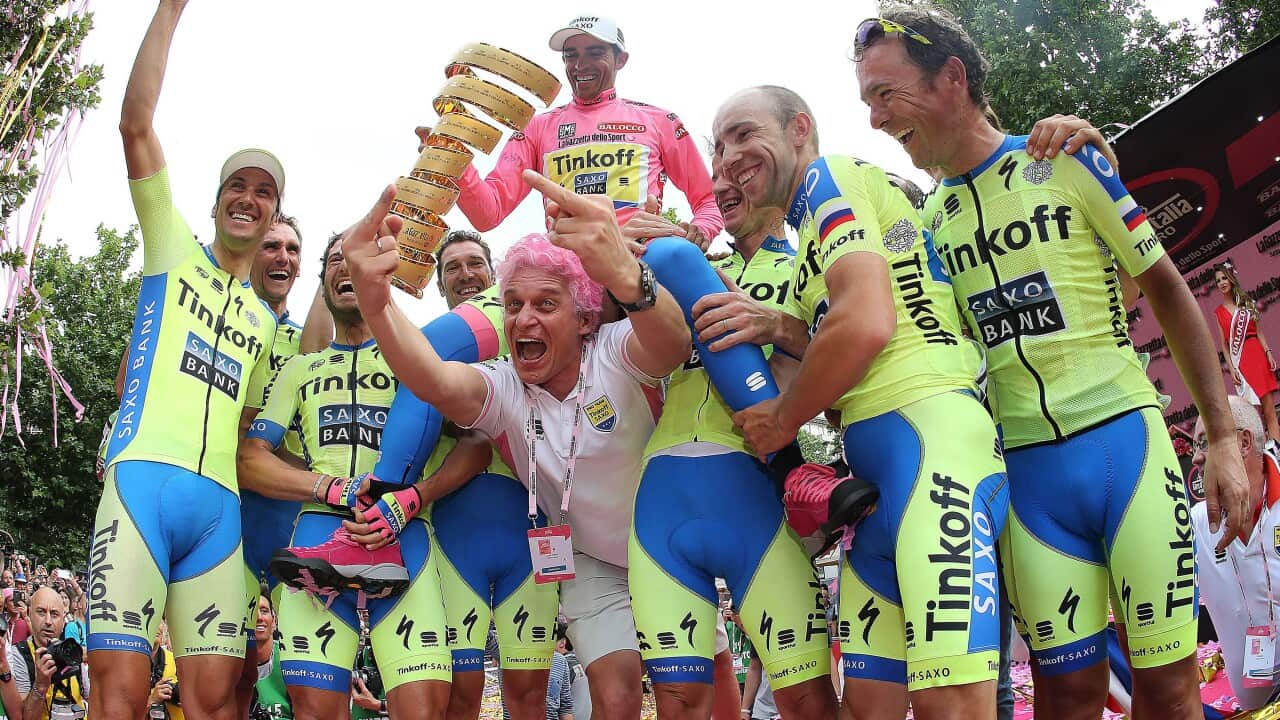 Oleg Tinkov celebrates Alberto Contador's Giro d'Italia win with the Tinkoff-Saxo team in May