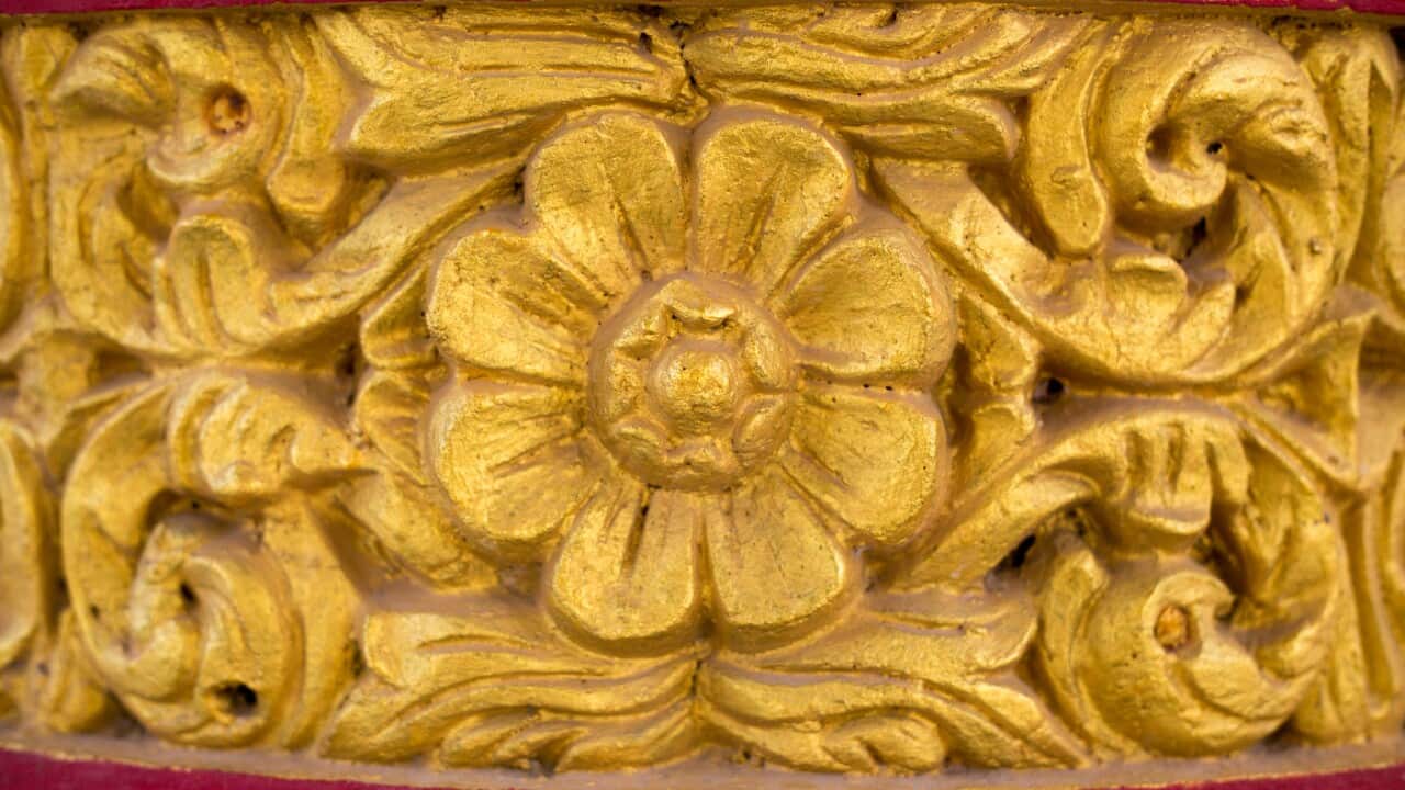 A detailed motif at the Global Vipassana Pagoda in Mumbai, India.