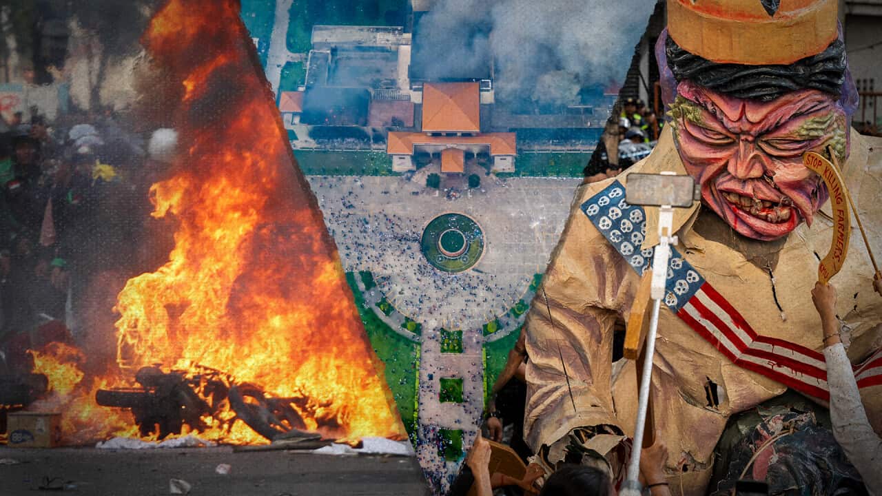 A composite image of fires, an aerial shot of smoke coming out of a building that's surrounded by people and protesters destroying an effigy of the Philippines President Ferdinand Marcos Jr.