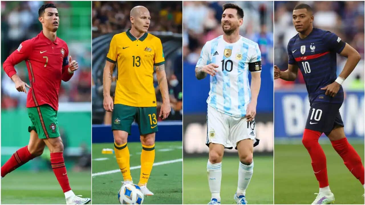 Cristiano Ronaldo of Portugal, Australia's Aaron Mooy, Lionel Messi of Argentina and France forward Kylian Mbappe