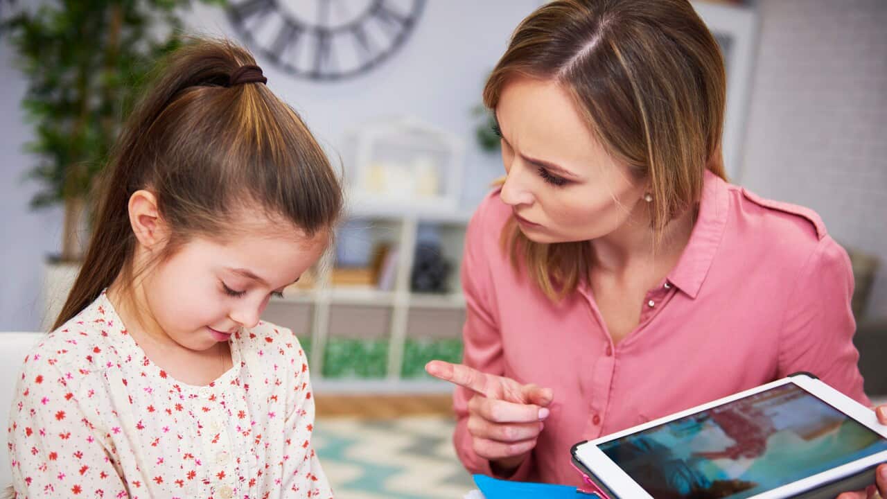 Angry mother scolding the disobedient child. Debica, Poland