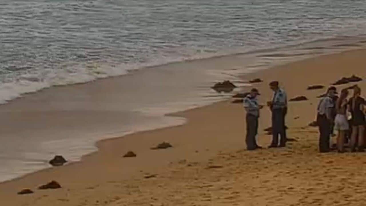 Police officers standing near the water on a beach