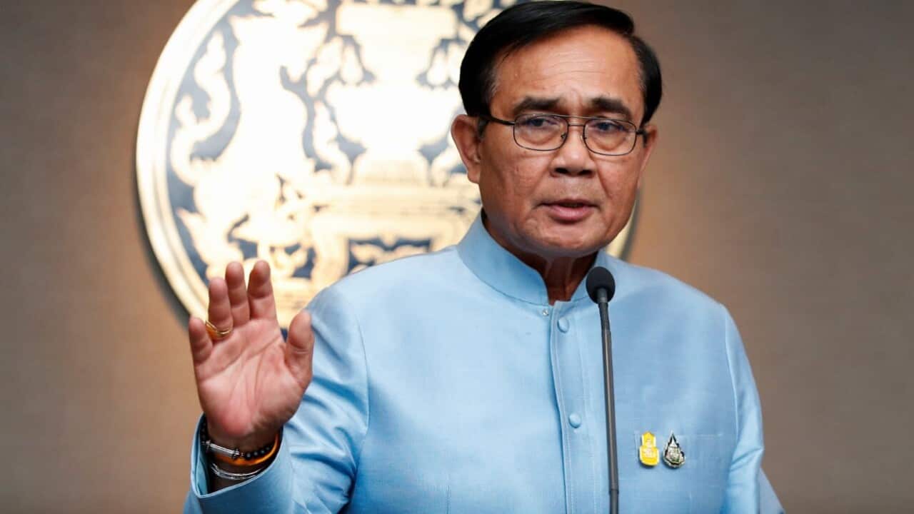 Thai Prime Minister Prayut Chan-o-cha gestures during a press conference after weekly cabinet and junta meeting at Government House in Bangkok, Thailand, 26-3-19. (AAP Image - EPA- RUNGROJ YONGRIT)