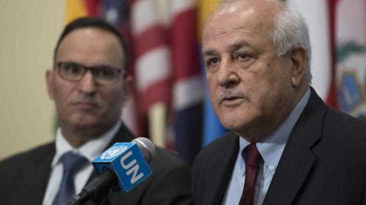 Riyad Mansour, Palestinian Ambassador to the United Nations, speaks to the media