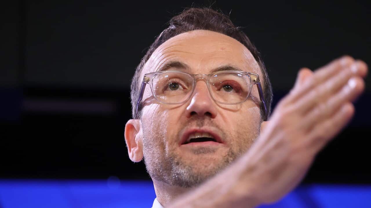 Australian Greens leader Adam Bandt addresses the National Press Club in Canberra, Wednesday, April 13, 2022. (AAP Image/Gary Ramage) NO ARCHIVING