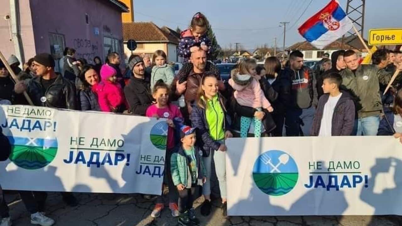 Locals organise a blockade of the main road, protesting against a proposed mine in the Jadar Valley